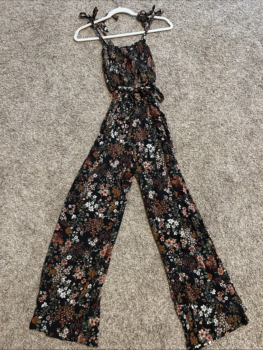 Abercrombie & Fitch Black Floral Wide-Leg Tie-Strap Jumpsuit